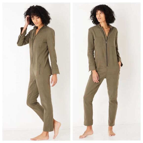 ASKK NY Zip Front Long Sleeve Utility Jumpsuit Linen Lyocell In Green Size 3 - Picture 1 of 13